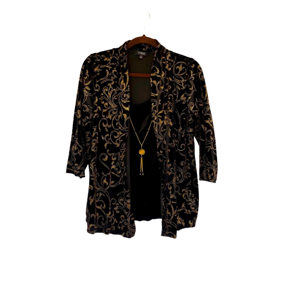 Elementz Black Velvet Jacket Gold Glitter Accent Two-fer with Shell and Necklace
